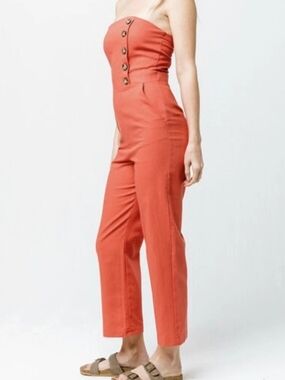Social Gypsy Womens Strapless Tube  Linen Jumpsuit Button Front Cotton Blend Med